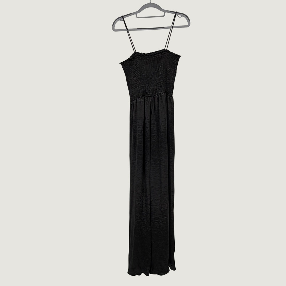 Blue Buttercup Black Smocked Satin Maxi Jumpsuit Wide Leg Spaghetti Strap USA